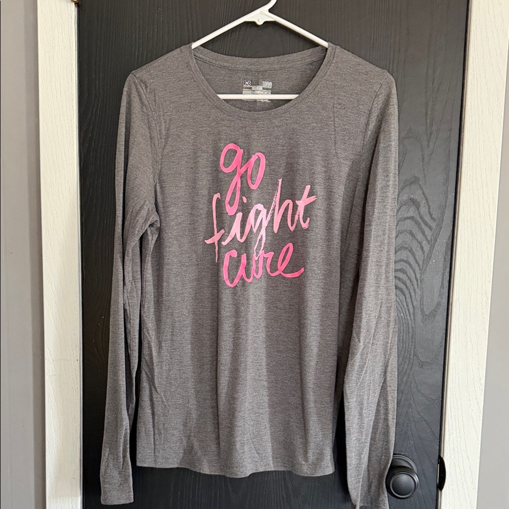 Under Armour Women's Gray Long Sleeve Tee with Pink 'Go Fight Cure' Script